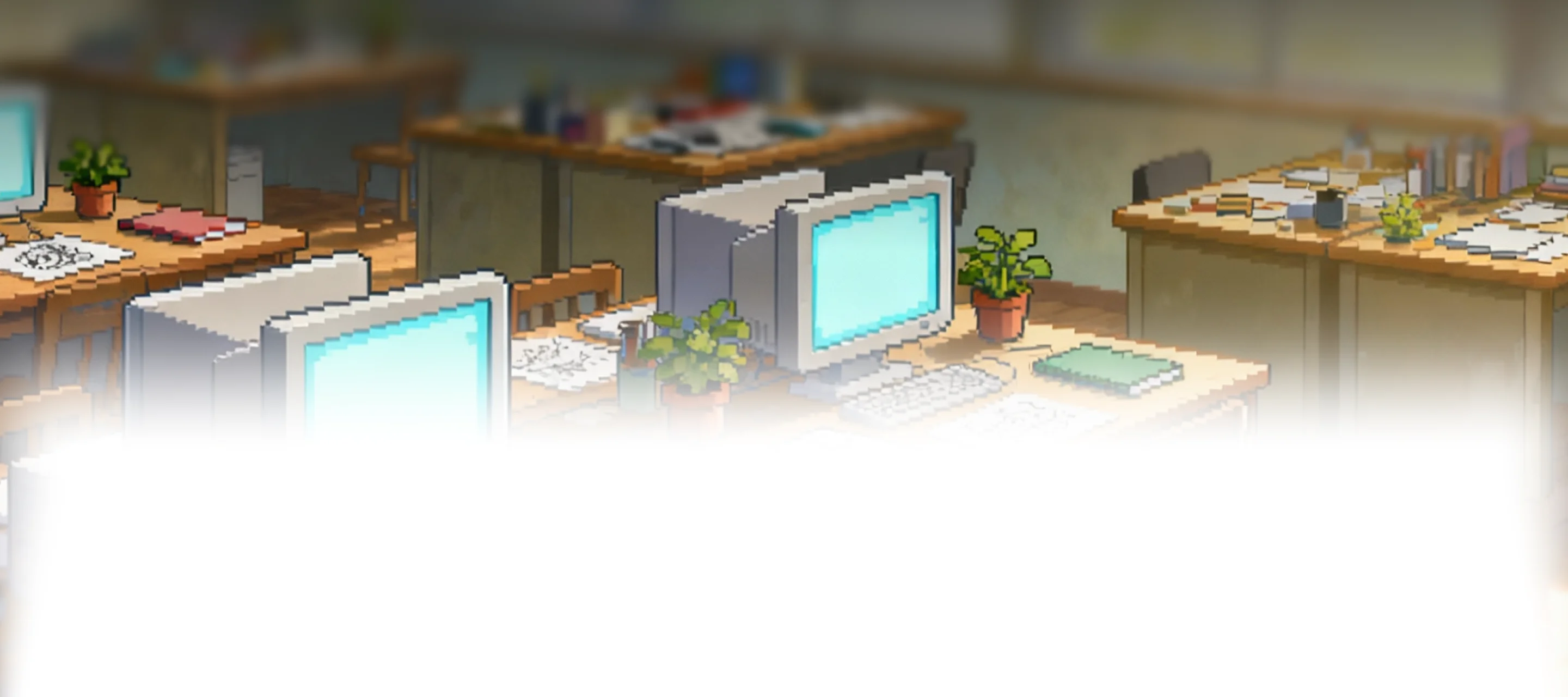 Pixel art style office workspace with retro computer monitors on desks, plants, papers, and books.