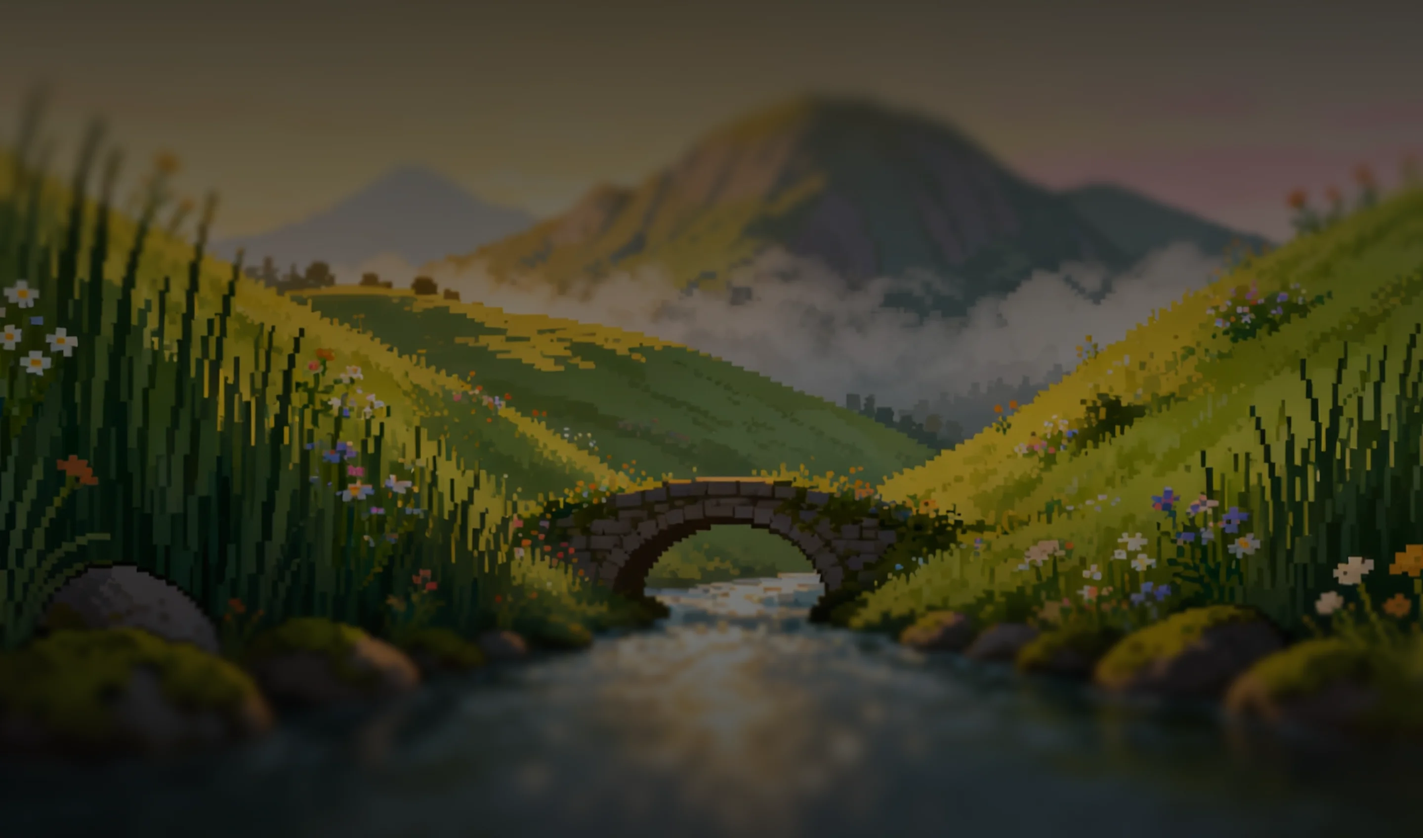 Pixel art landscape of a stone arch bridge over a flowing river, surrounded by grassy hills with wildflowers and mountains in the background.