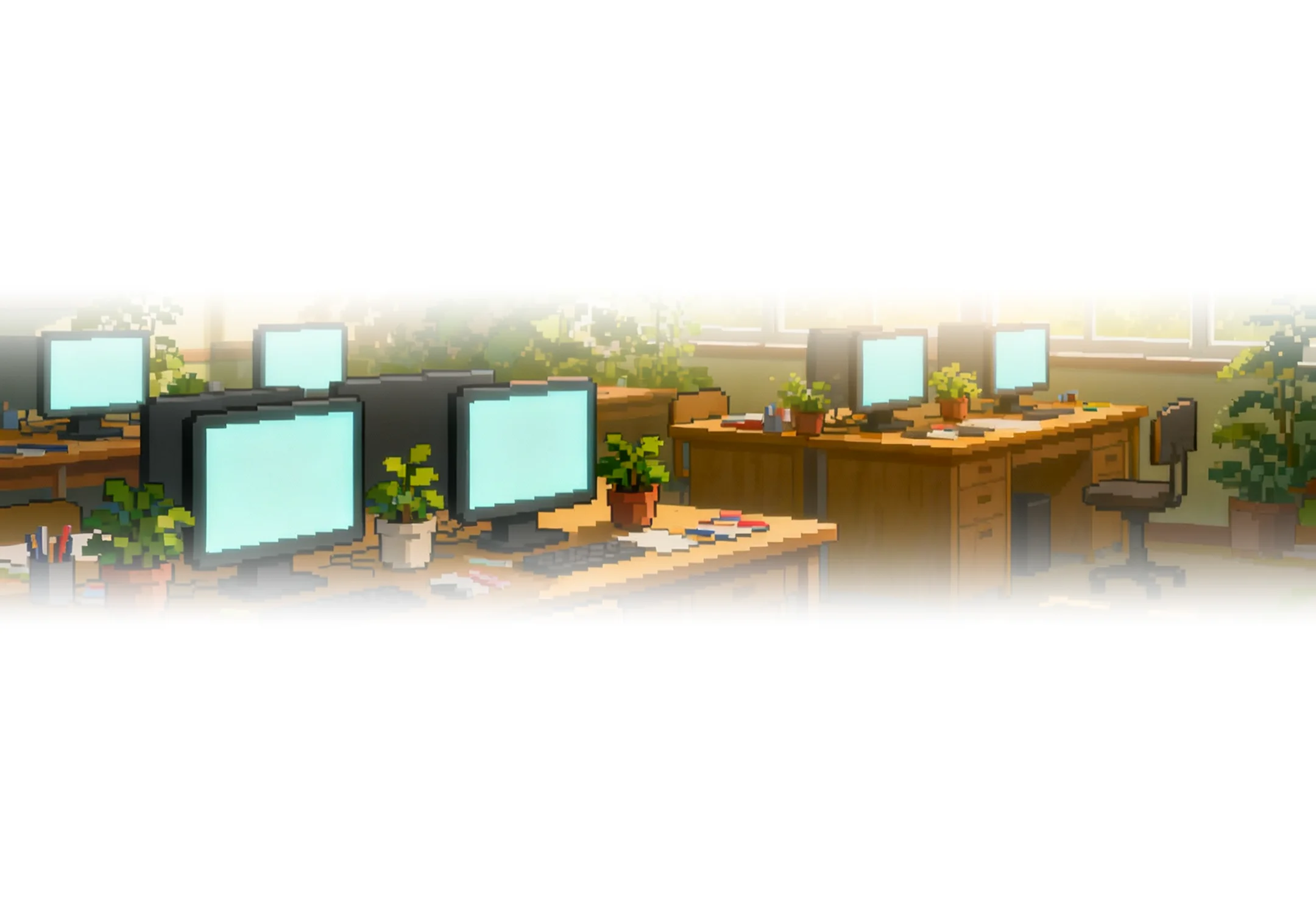 Pixel art style office with multiple computer desks, monitors, office chairs, and potted plants by windows.