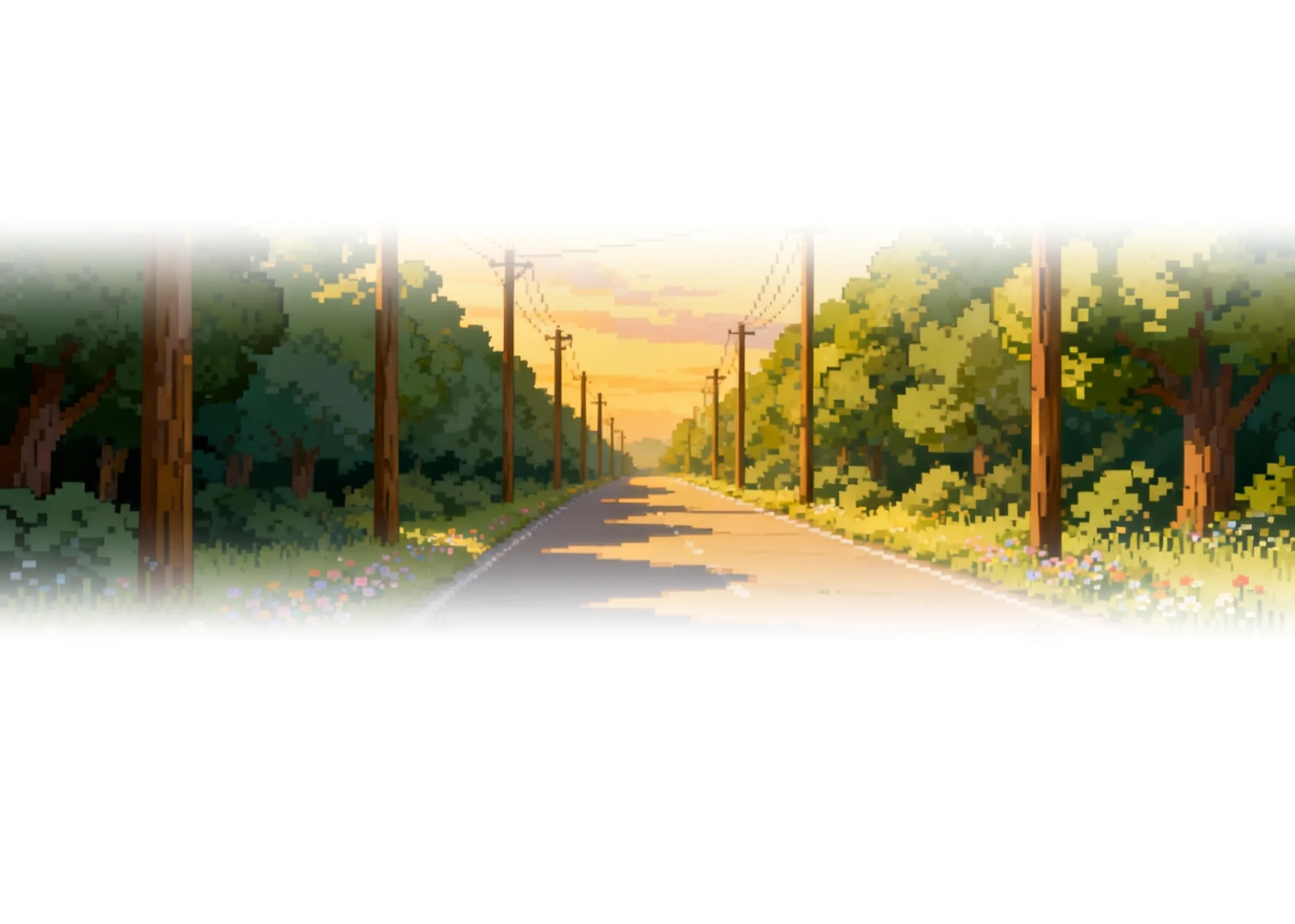 Pixel art of a straight road lined with telephone poles, surrounded by green trees and flower bushes under an orange sunset sky.