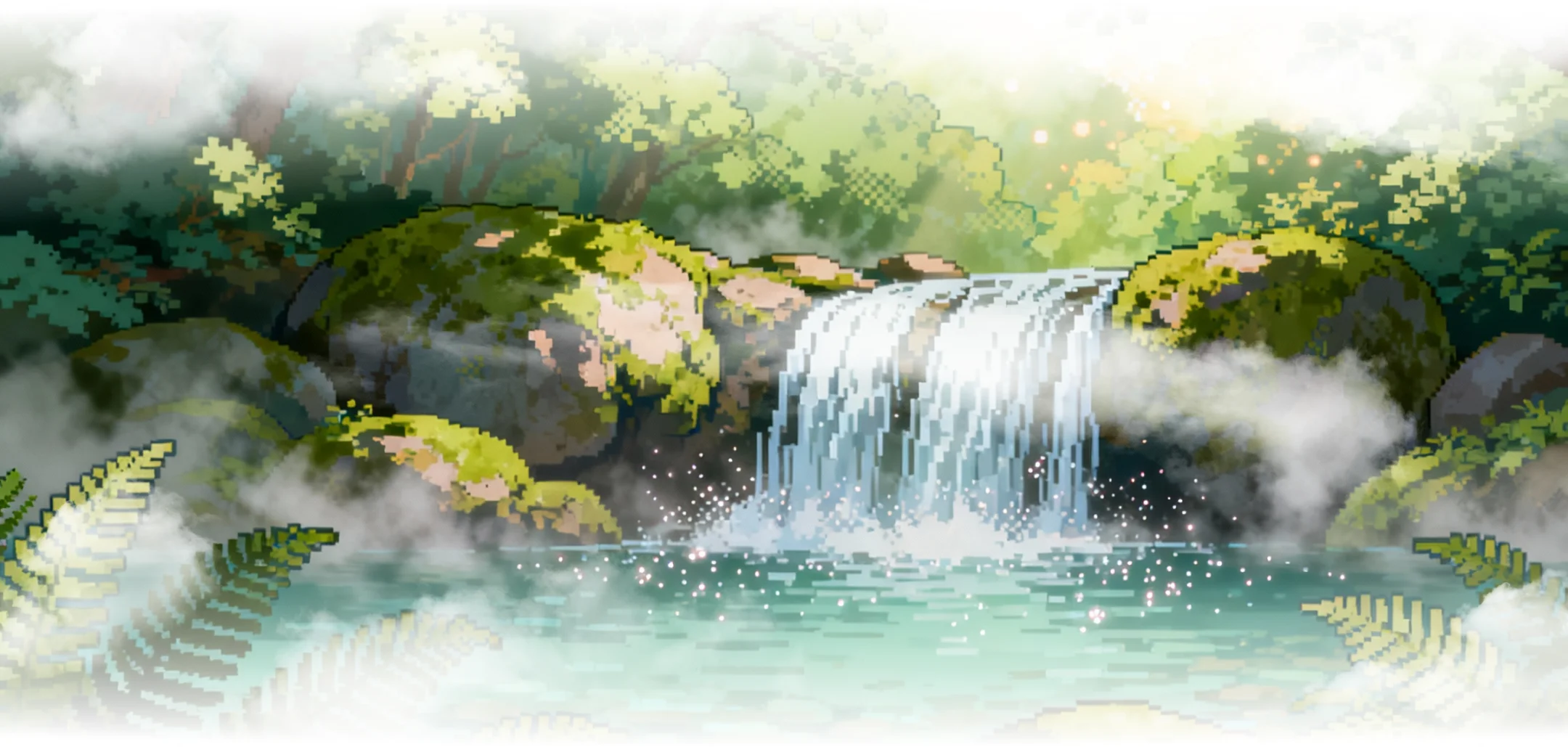 Pixel art style waterfall flowing over mossy rocks into a clear pond surrounded by ferns and green forest foliage.