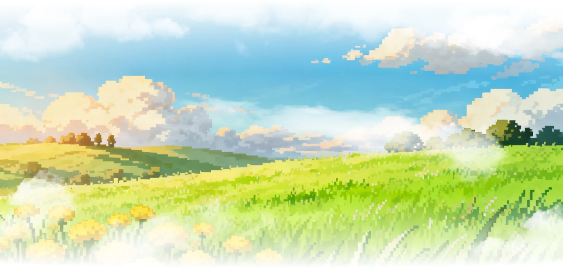 Pixel art style landscape showing green fields, yellow flowers, distant trees, and a blue sky with fluffy clouds.