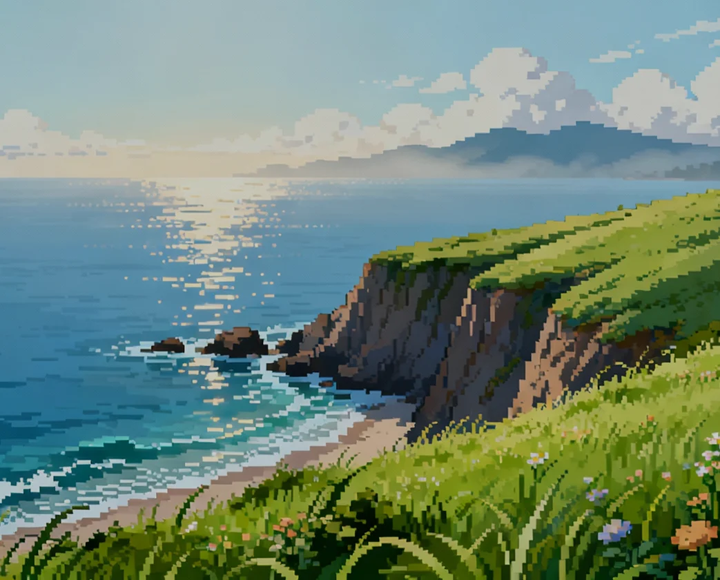 Pixel art of a coastal scene with cliffs, green grass, flowers, ocean waves, and a bright sky with clouds at sunset.