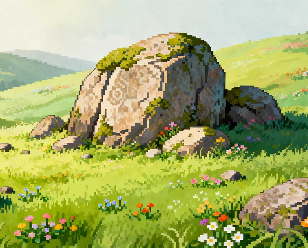 Pixel art landscape of a large mossy boulder surrounded by colorful wildflowers on green grassy hills.