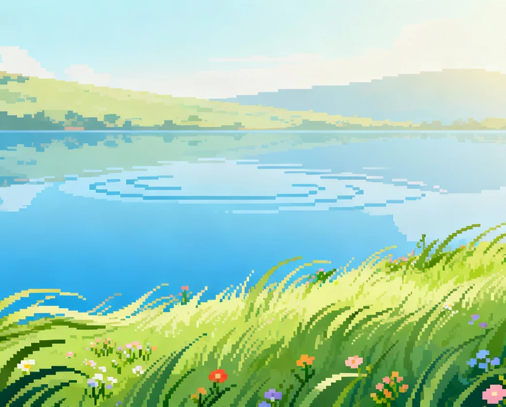 Pixel art landscape of a lake with ripples, surrounded by green hills and wildflowers under a clear sky.