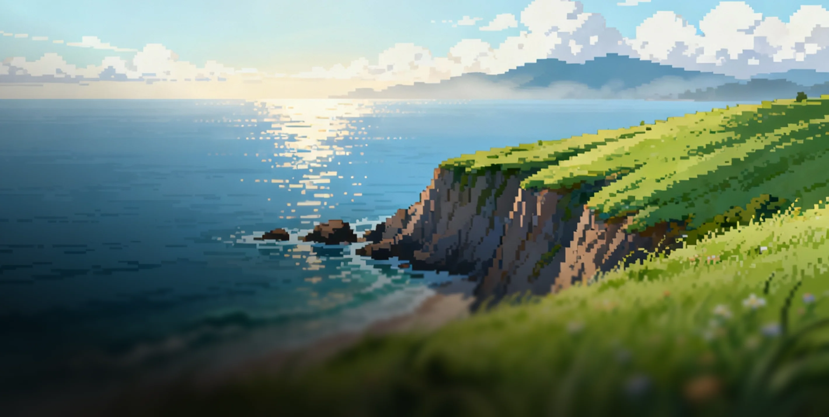 Pixel art style image of a grassy cliff overlooking a calm ocean with sunlight reflecting on the water under a partly cloudy sky.
